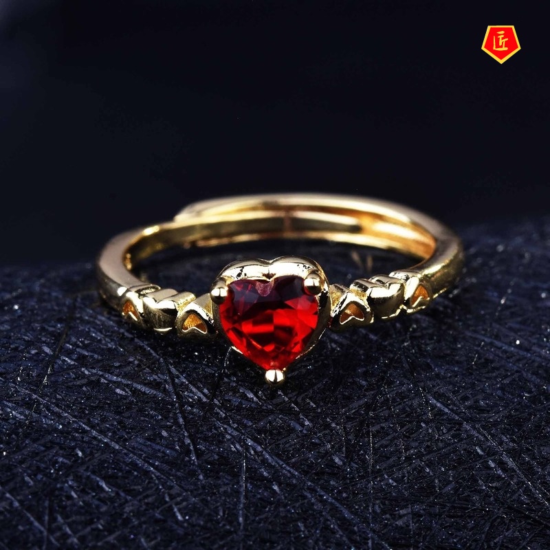 [Ready Stock]Love Heart-Shaped Red Diamond Ring 18K Gold Ins Style Simple