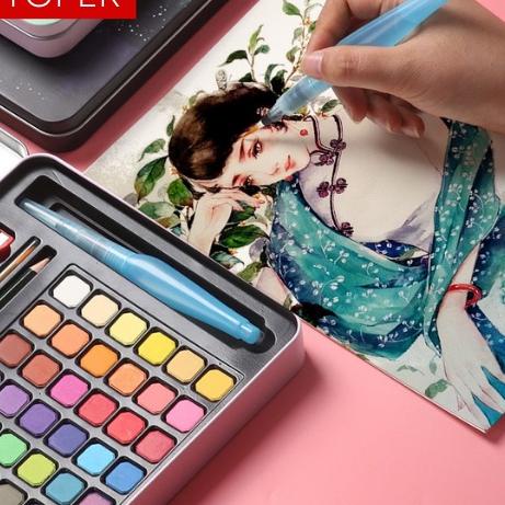 

LANGSUNG KIRIM.. TOPER Watercolor Set 48 Warna Solid Free Kuas dan Kertas Gambar Metal Tin Case/Cat Air Padat Set/Water Color Set