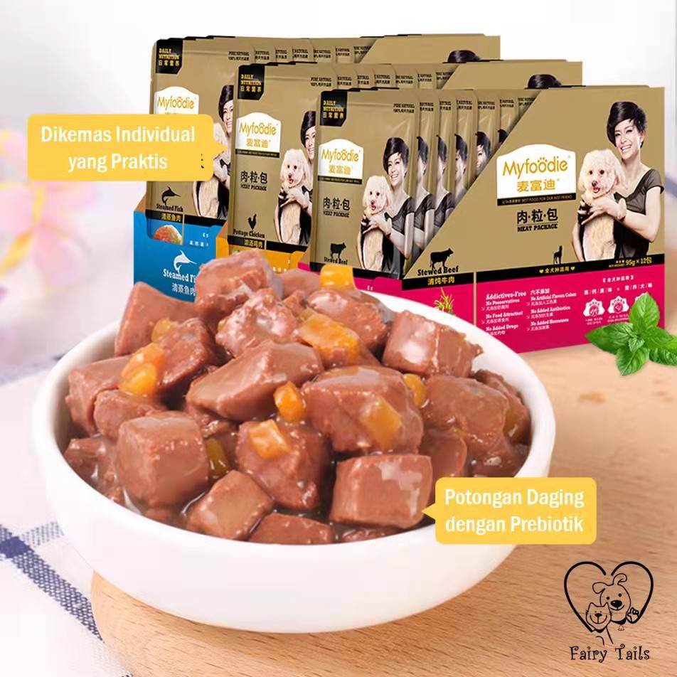 Snack Anjing Makanan Anjing Basah Dengan Daging Asli Premium Kemasan Kantong Pouch (MyFoodie) | Pengganti Makanan Hewan Kaleng Anjing (Kemasan Lebih Ramah Lingkungan) | MyFoodie Dog Wet Food with Real Meat Cube (Pouch) po