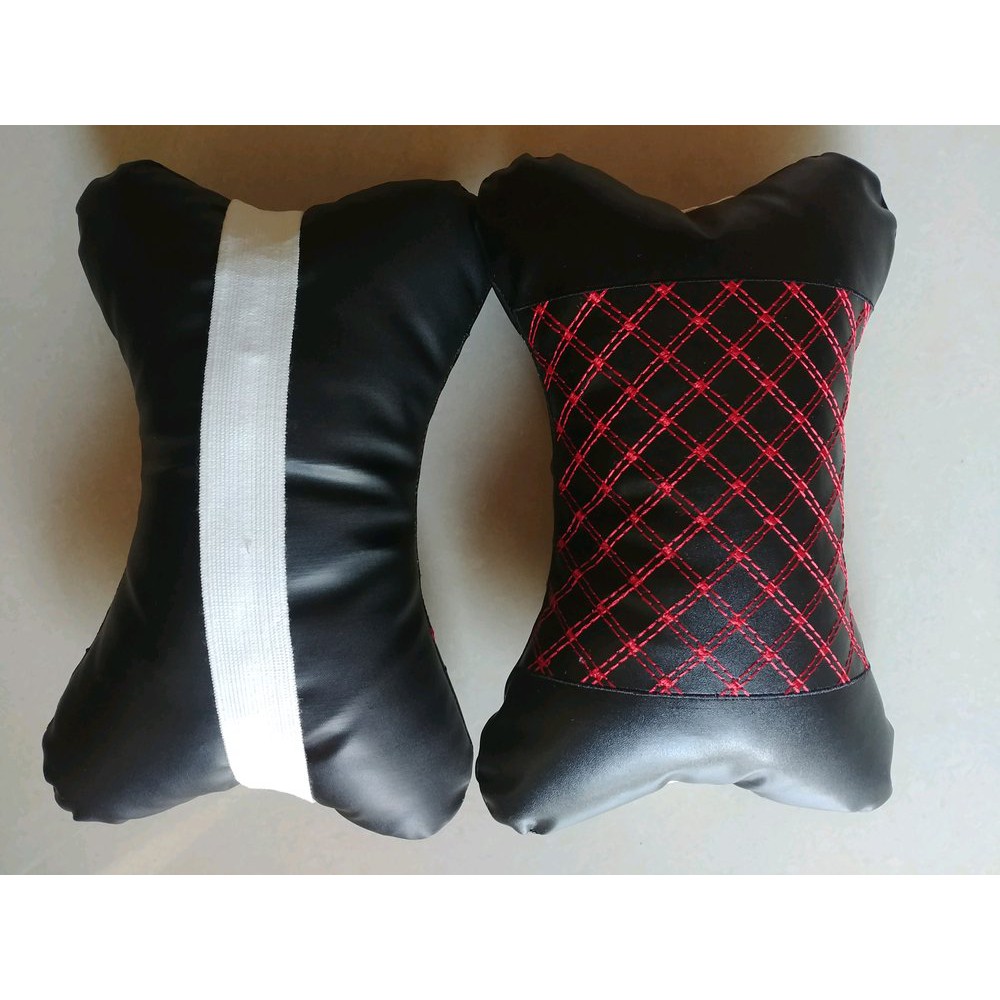 Bantal headrest mobil sandaran kepala mobil kulit sintetis benang merah benang putih universal