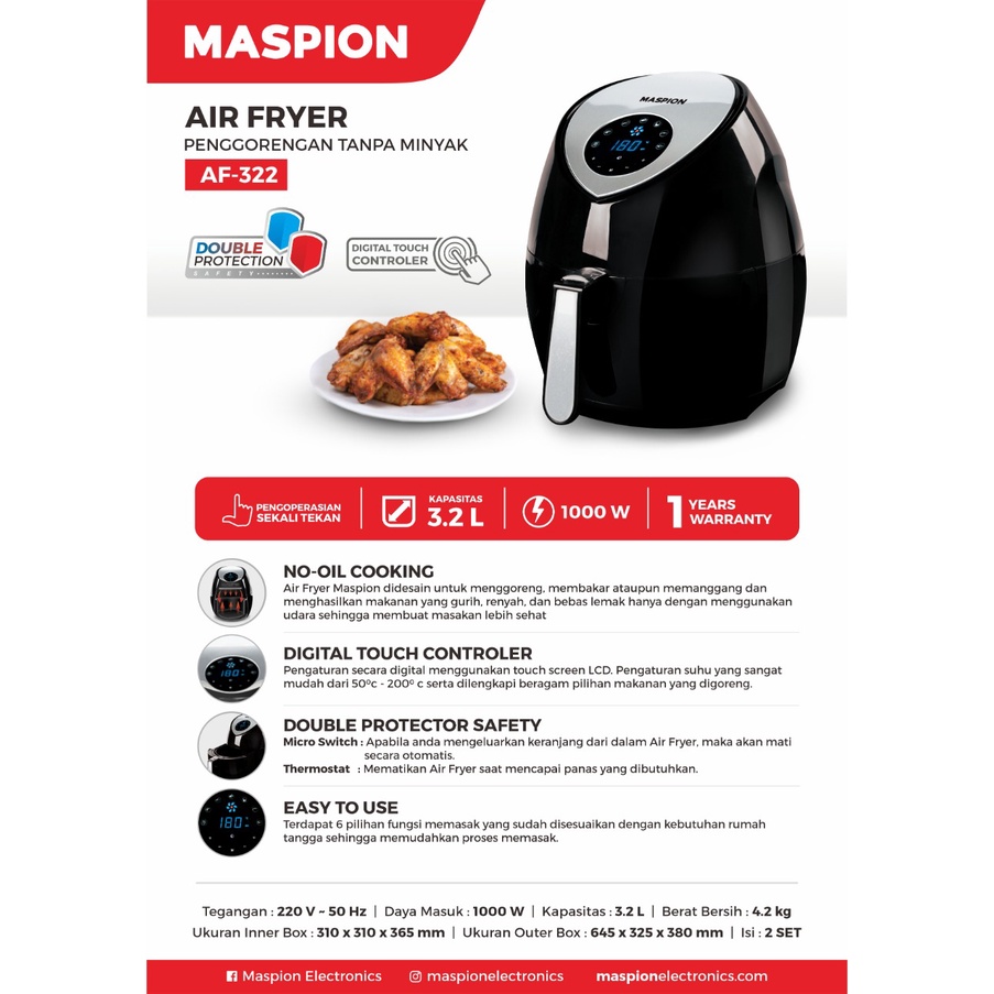 MASPION AF 322 BLACK AIR FRYER 3.2 LITER 1000 WATT / AF322