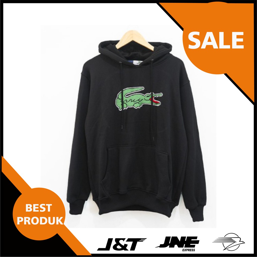 jaket hoodie lacoste hitam pria buaya big logo bordir premium