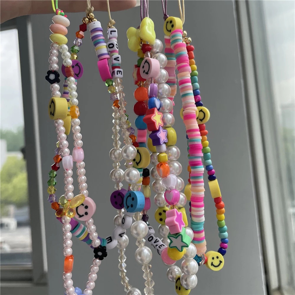 QUINTON Ins Trendy Mobile Phone Straps Colorful Soft Pottery Rope Cell Phone Lanyard Mobile Phone Chain Pearl Anti-Lost Acrylic Bead Smile Handmade Smiling Beads Chain