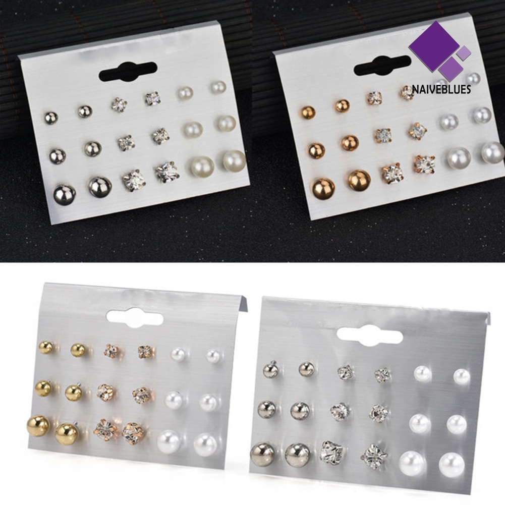 6 / 9 / 12 Pasang Anting Stud Berlian Imitasi Untuk Wanita