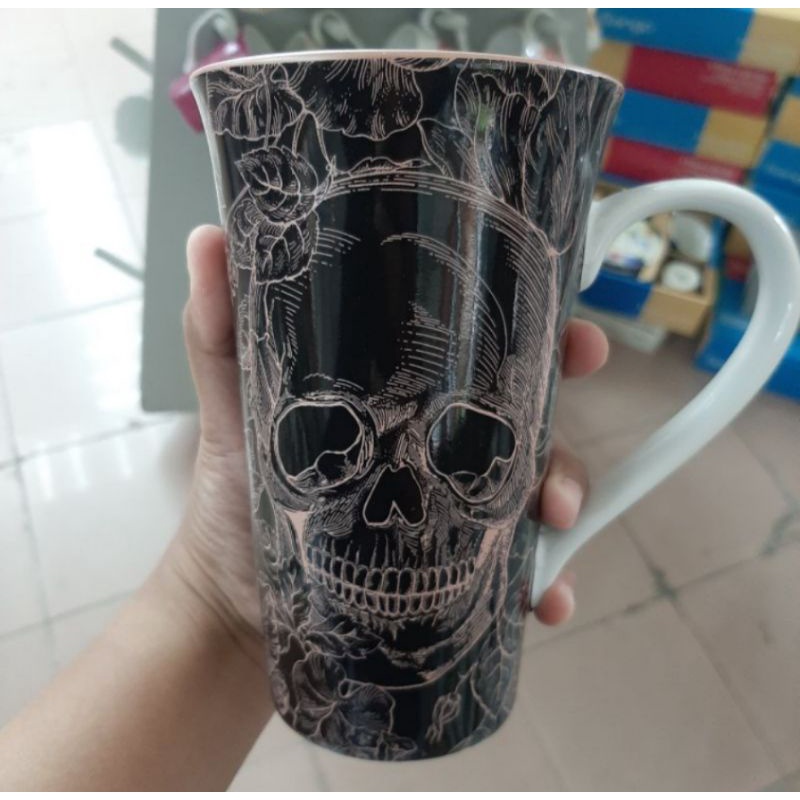 Gelas Keramik Tinggi Mug Keramik Tengkorak Darker Skull Black SANGO 17 cm