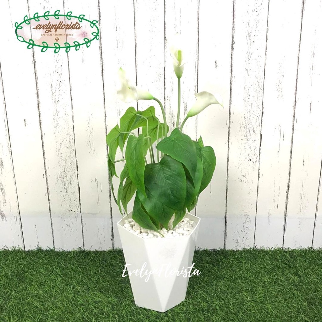 Tanaman Hias Bunga Calla Lily Latex Artificial Pot Diamond Putih Plastik Pajangan Meja Dekorasi Ruan