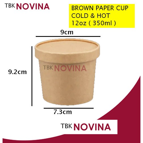 [ECER] Paper Cup 12 oz + Tutup Gelas Es Krim Brown Paper Cup ( Bisa untuk Panas &amp; Dingin)