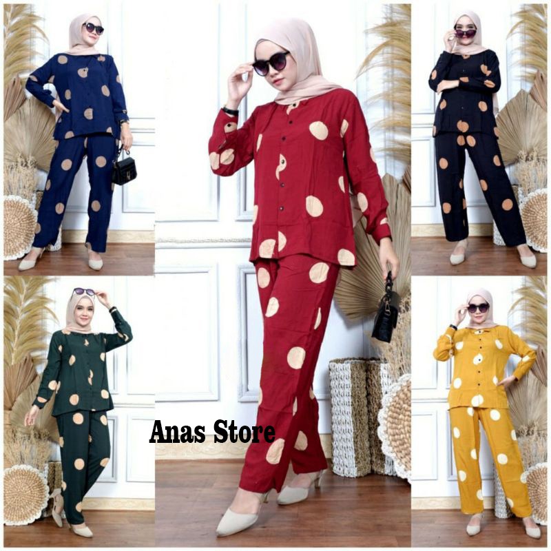 ONE SET PAJAMAS WANITA STELAN TIE DYE RAYON KANCING LENGAN PANJANG MOTIF POLKADOT