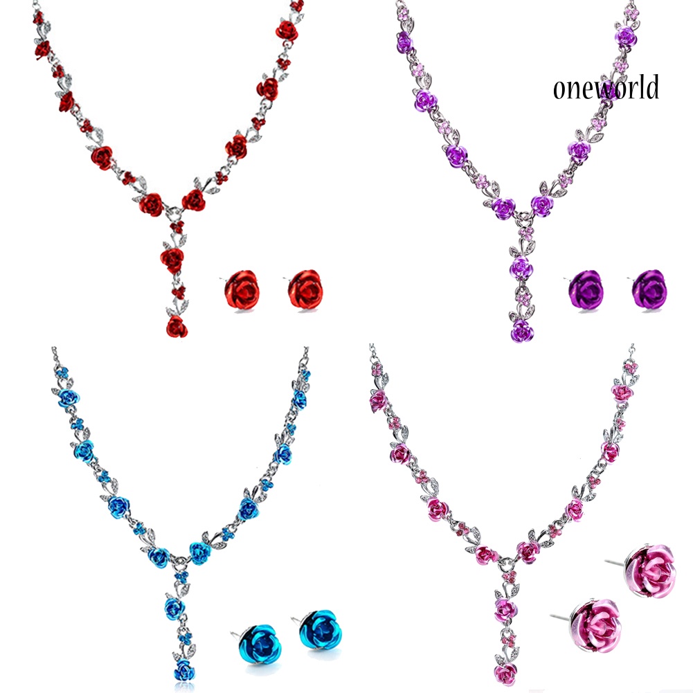 OW@ 2Pcs/Set Fashion Acrylic Rose Pendant Stud Earrings Necklace Women Jewelry Gift