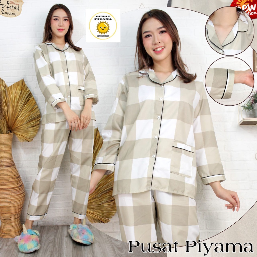 Baju Tidur Cewek Lengan Panjang Dan Lengan Pendek Motif Kotak Piyama Wanita Kekinian Pajamas Dewasa-PP NONA COKSU L