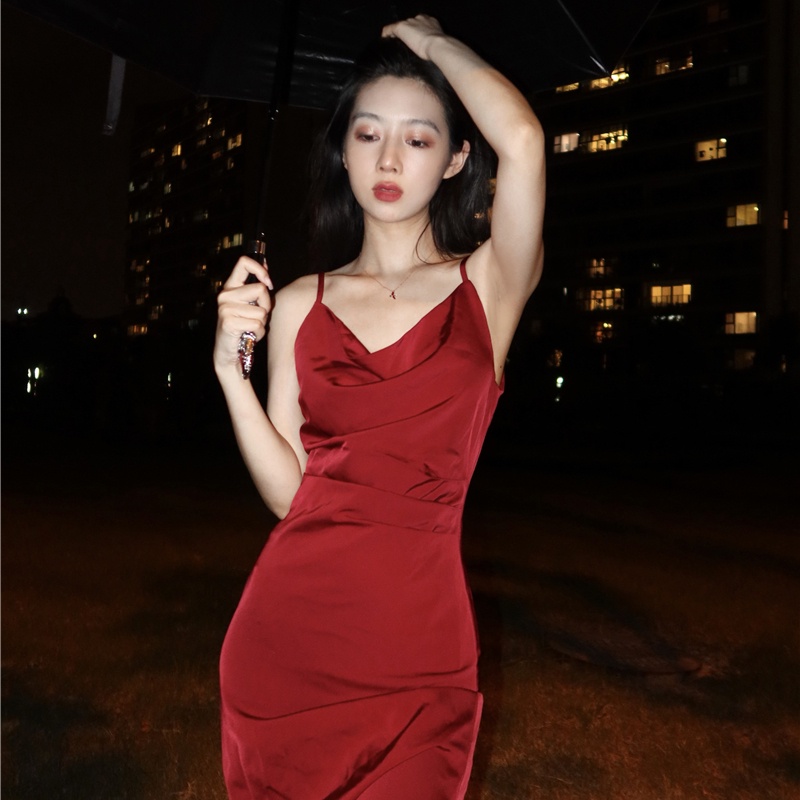 midi dress korea french red over-the-knee slip dress midi high waist skirt