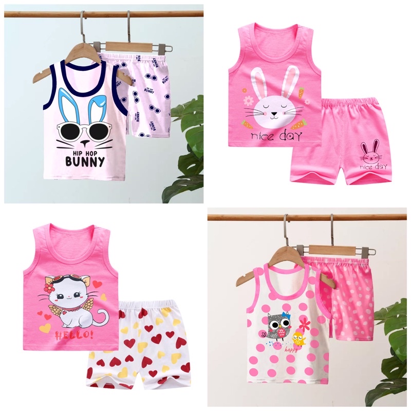 SETELAN ANAK CEWEK SINGLET KARAKTER CAT,RABBIT,BURUNG OWL,BINATANG,HEWAN,KARTUN SIZE 6 BULAN - 3 TAHUN