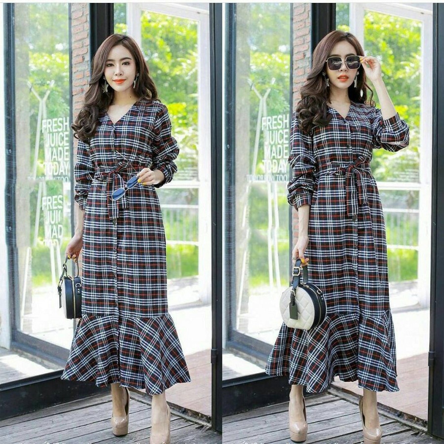 Dress Kotak Korea Kondangan Wanita Muslim Dres Wanita Casual Dress Korean Style Panjang Maxi Dewasa 