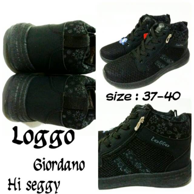 Sepatu sekolah dewasa cewek full black loggo giordano hi seggy terbaru dan termurah