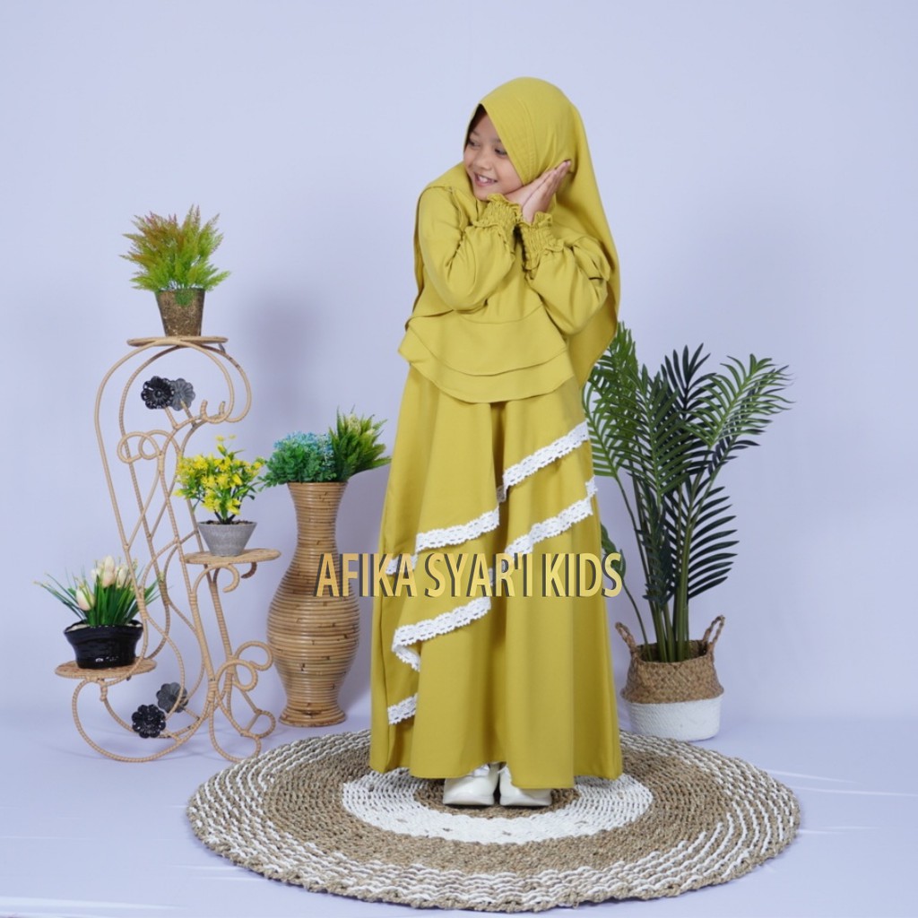 Gamis  Anak Syari Polos Renda Set Khimar ( Warna Hijau Lemon) (Bahan manggo crepe)