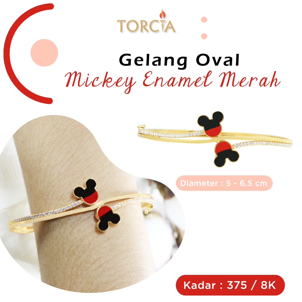 Gelang Oval Emas Asli Mickey Enamel Merah Kadar 375 Torcia