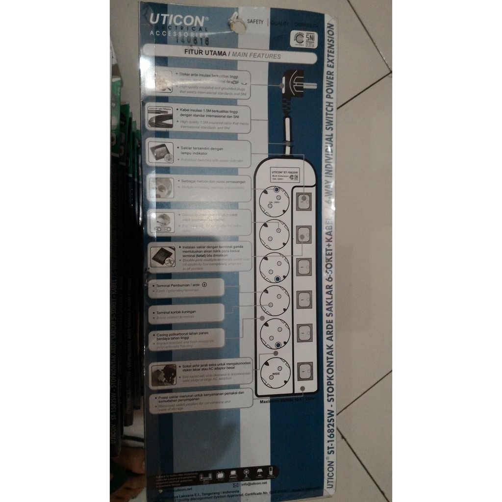 Uticon Stop Kontak 6 lb + pengaman + saklar tersendiri + kabel