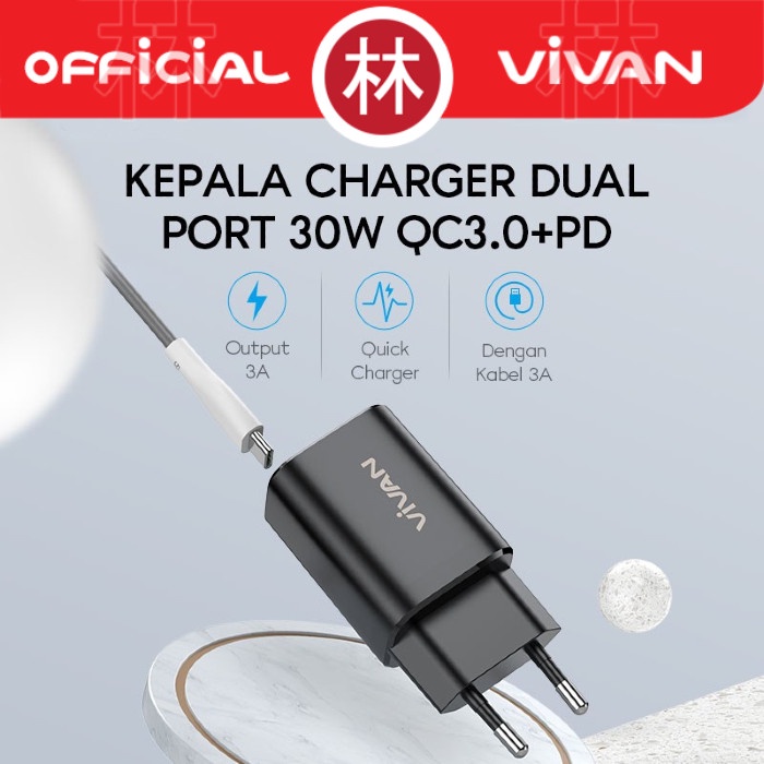 Vivan Power Super 30 3A Dual Port QC3.0 + PD3.0 With Cable Type-C 3A