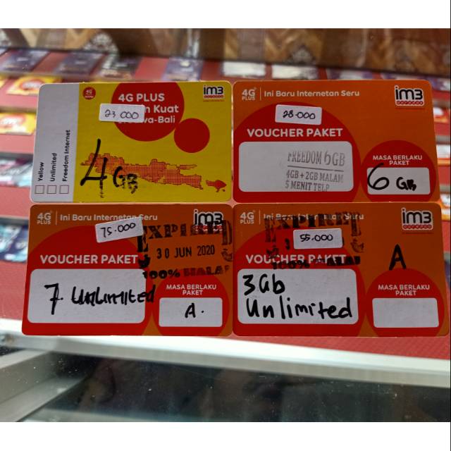 Voucher im3 1gb mini(4gb), freedom 6gb, unlimil+3gb, unlim 7gb