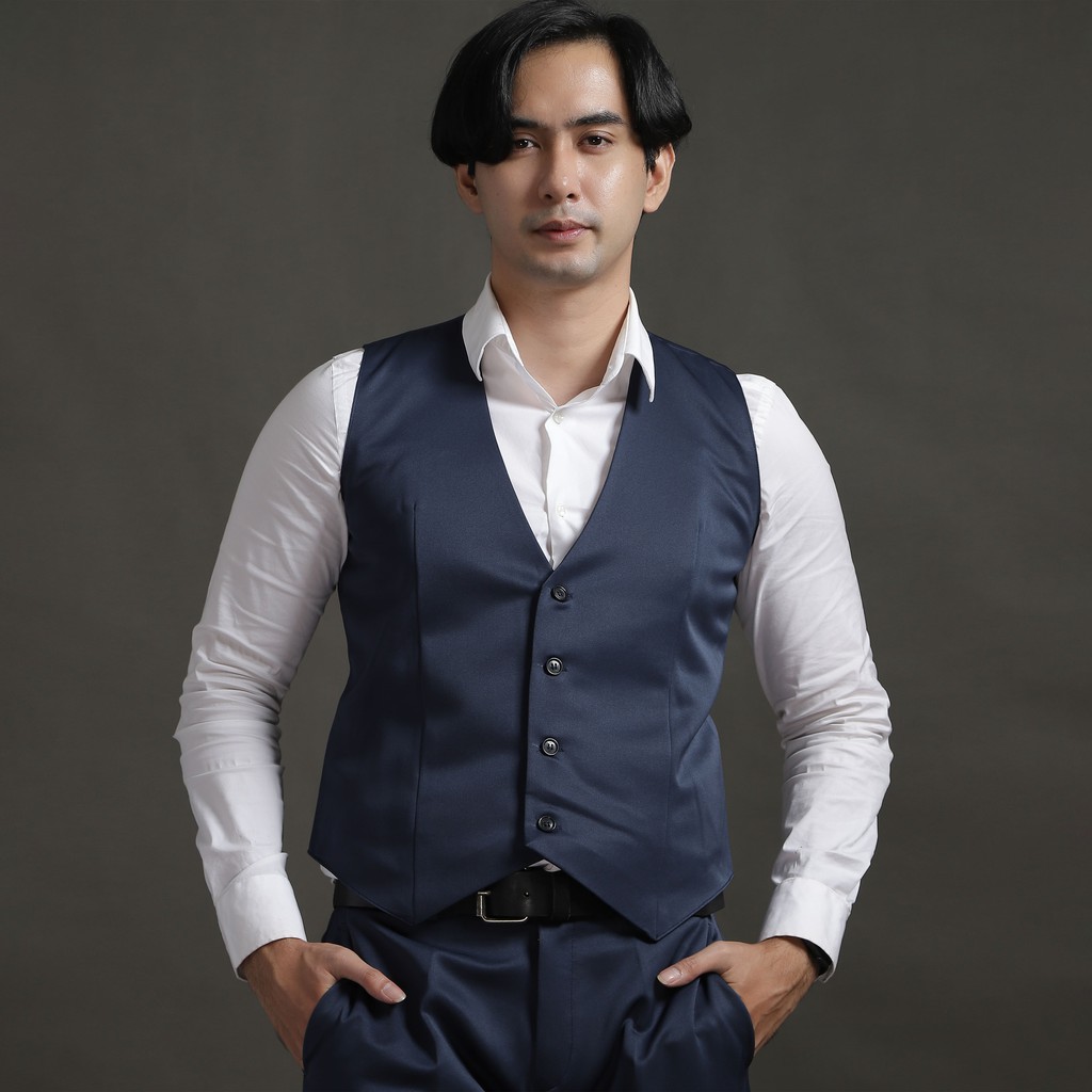 Setelan Jas Celana &amp; Rompi Biru Lapel Hitam - PEAKY PREMIUM - GOLDY OUTFIT