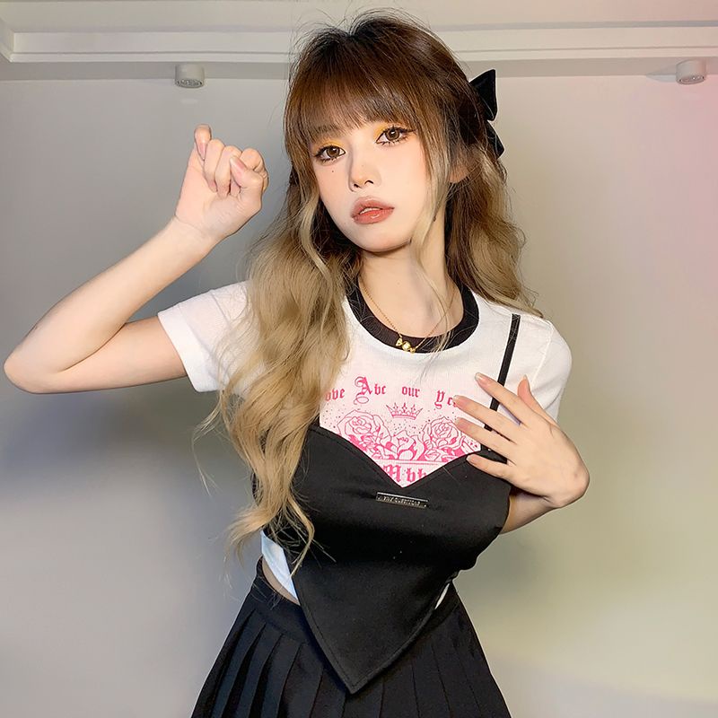 Hot girl spades heart stitching T-shirt wanita palsu dua potong slim fit all-match top trendy