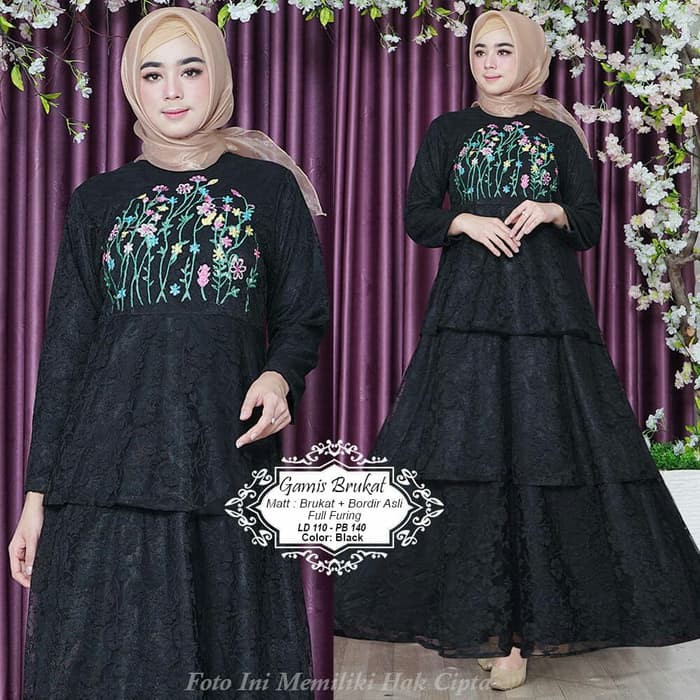 BAJU GAMIS WANITA TERBARU / GAMIS HITAM MEWAH / GAMIS BRUKAT ILUVA