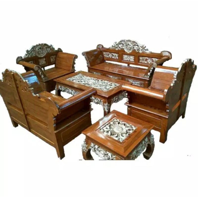 SET KURSI TAMU UKIRAN MADURA MATAHARI KURSI TAMU 3211+1+1 WARNA KOMBINASI EMAS MEWAH BAHAN KAYU JATI