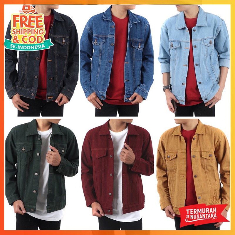 [BISA COD] Jaket Jeans Pria Hitam Biru Muda Birut Tua Maroon Hijau Army Jaket Jeans Cowok Jeans Pria