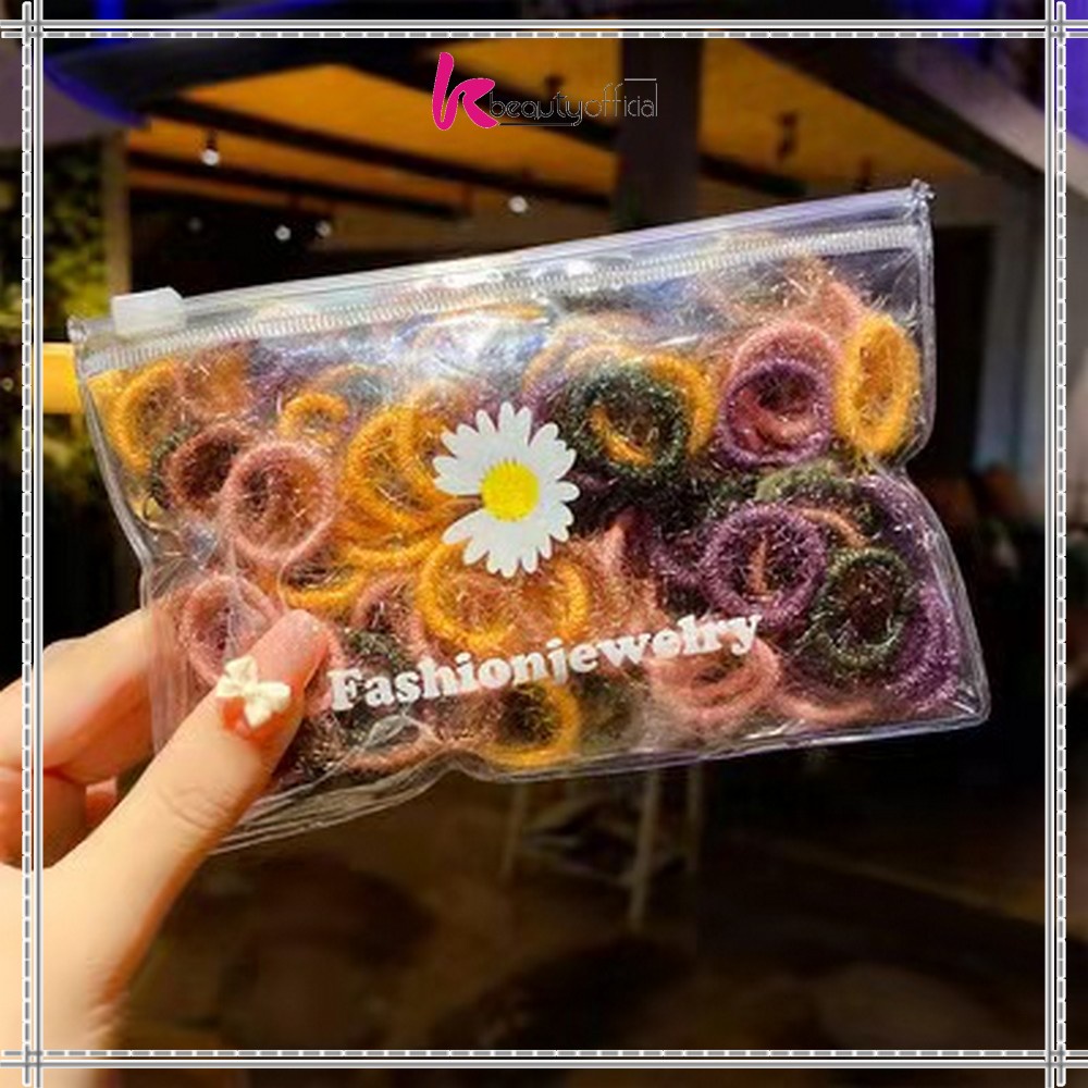 KB-C329 (100 PCS) Karet Ikat Rambut Spiral Gaya Korea / Kuncir Rambut Fashion / Kunciran Rambut Wanita FREE POUCH-BERBULU-WARNASPRING