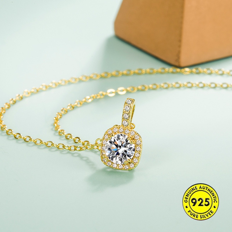 Kalung Rantai Sterling Silver 925 Dengan Liontin Batu Zircon Kotak Untuk Wanita