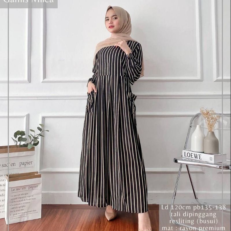 Gamis Milea / Dress Syari/ LD 120 cm / PB 130 cm / Gamis Rayon Premium / Dress Gamis Rayon Premium / Gamis Jumbo / Daster Gamis-MILEA(GARIS HITAM)
