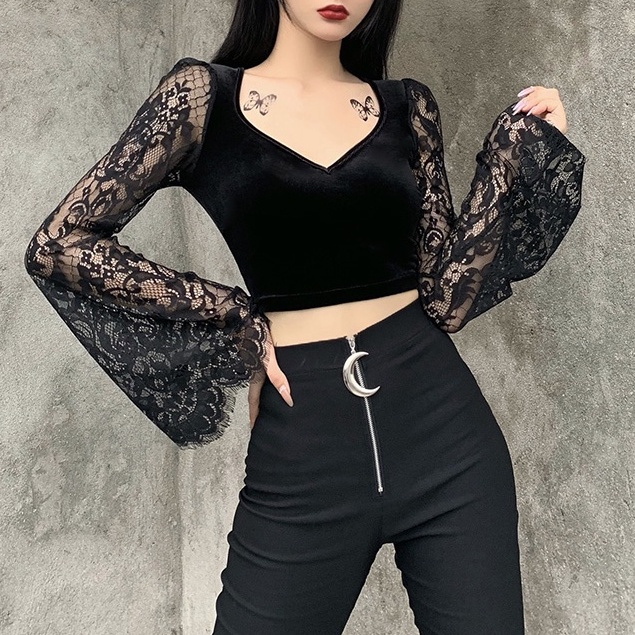 [Goth Story] Sexy Lace Long Sleeve Vneck Velvet  T-shirt Atasan Renda Lengan Panjang 8469 (S/M/L)