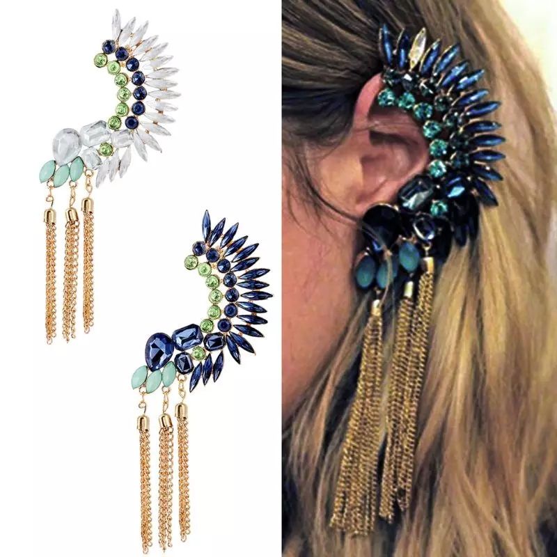Rhinestone crystal tassel gold chain earcuff