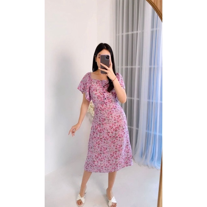 Daster Bali Murah Dress Joanna Motif Bunga Craspedia Untuk Jalan Jalan dan Santai