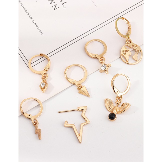 LRC Anting Tusuk Fashion Golden Lightning Alloy World Map Star Mount Stud Earrings Set D81681