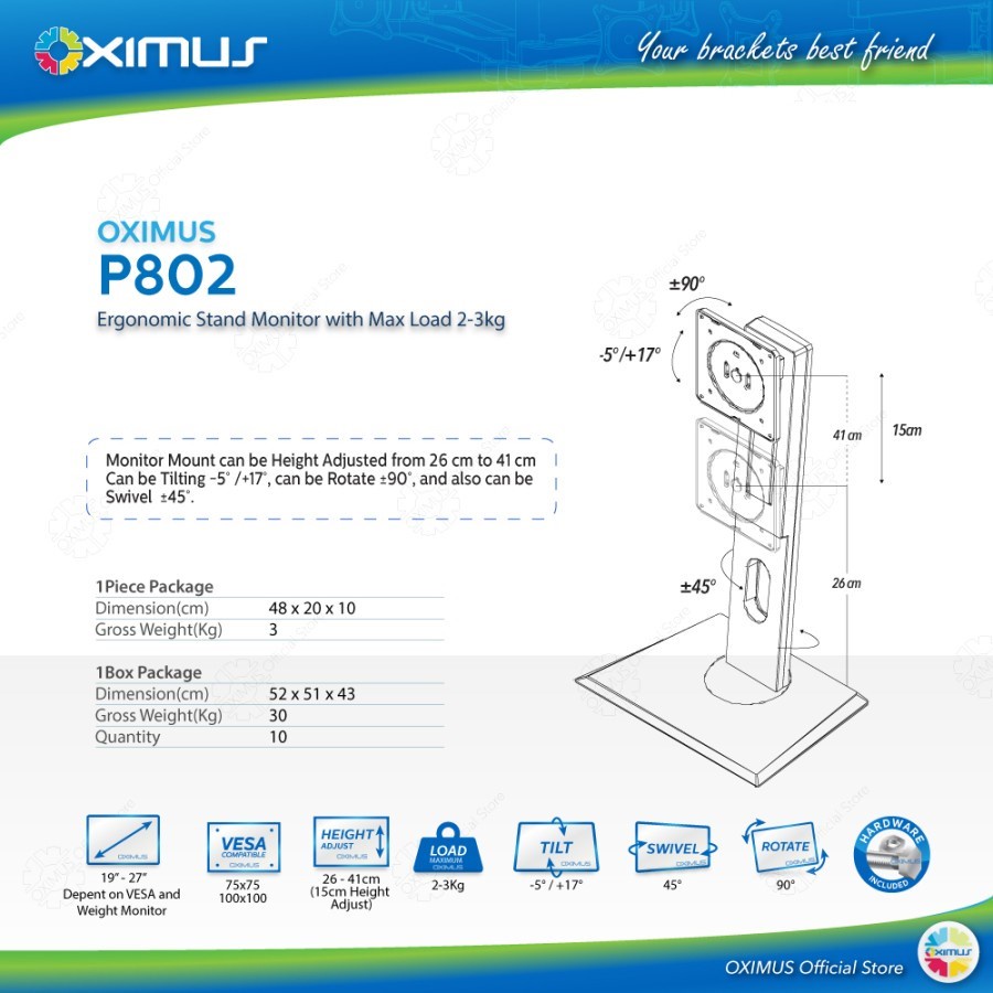 Bracket TV LCD LED Monitor Ergonomic Stand Oximus P802 / P804 / P806