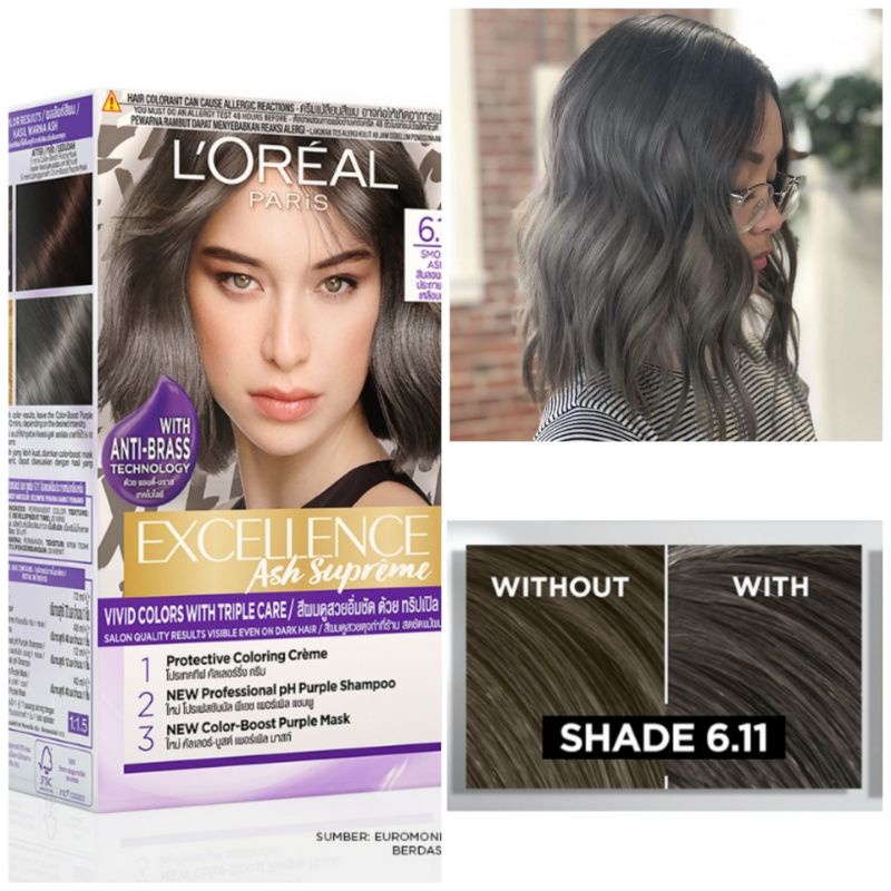 L'oreal Paris Excellence Ash Supreme 6.11 Smoky Ash Anti Brass Hair Dye Color Cat Rambut Coklat Abu 