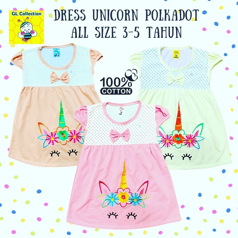 OBRAL! DRESS ANAK POLKADOT BORDIR UNICORN ALL SIZE 3-5 TAHUN 100%KATUN