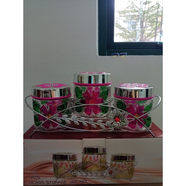 TOPLES KACA SET ISI 3pcs Toples Kue Kering Lebaran pink hijau FREE Bubblewrap
