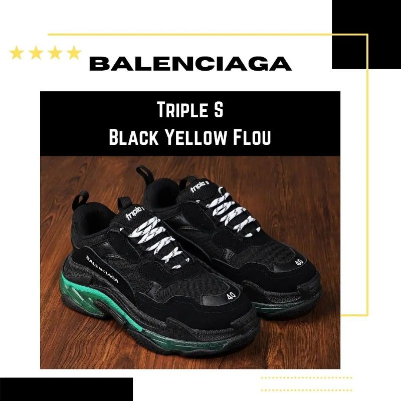 Sepatu Sneaker Balenciaga Triple S Black Yellow Flou