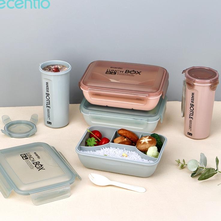 (BOOMING) ecentio Lunch Box Set 4 Grid Anti Tumpah Dan Tas/Kotak Bekal Makan Botol Minum Free Sendok