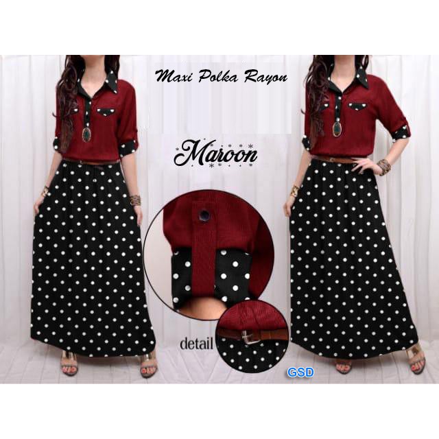 maxi polka rayon/maxi dress polkadot/dress maxi fashion wanita/dress maxi casual cewek/gamis syari