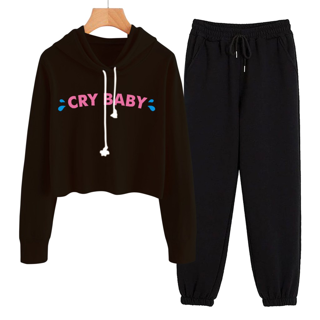 BESS - Baju Setelan Wanita Murah / Setelan Hoodie Crop + Jogger Hitam - CRY BABY