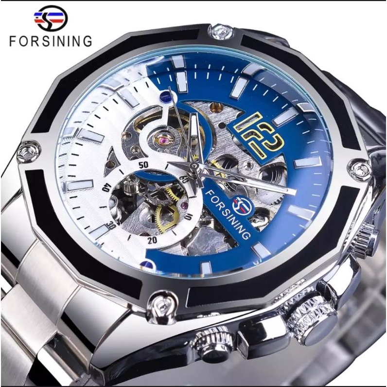 Jam Tangan Pria Original Otomatis Mekanik Forsining Sporty Bisnis Silver Blue