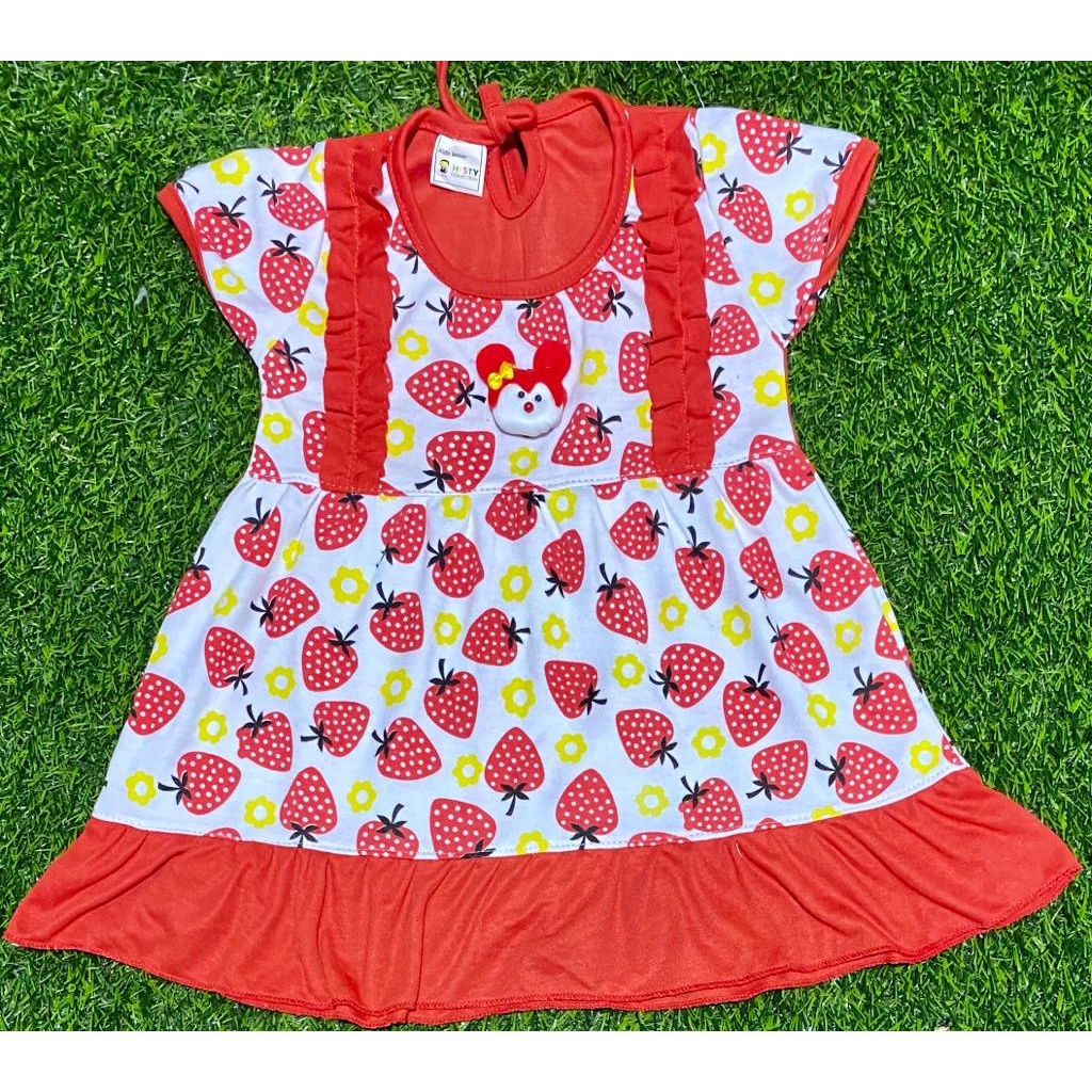 baju anak perempuan dress motif stawberry setelan 3-18bulan