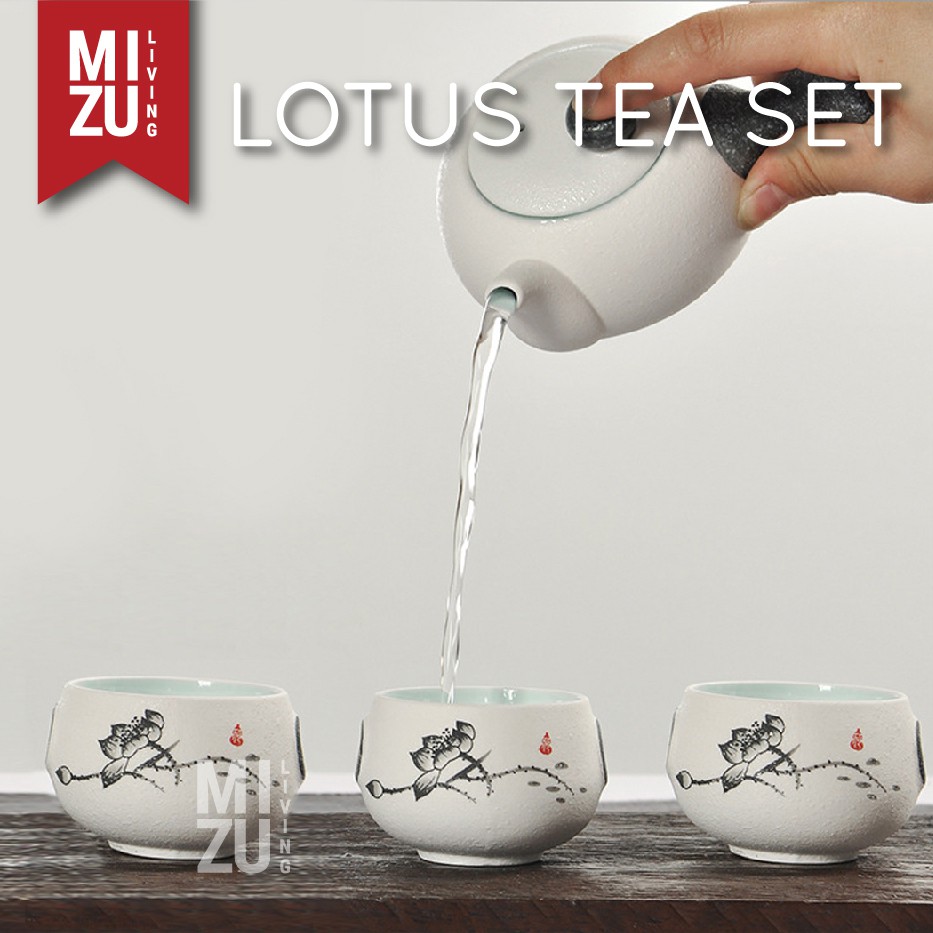 LOTUS Classic Chinese Tea Pot SET 6 Cups Textured Ceramic With Gift Box Teko 6 Cangkir Teh Keramik