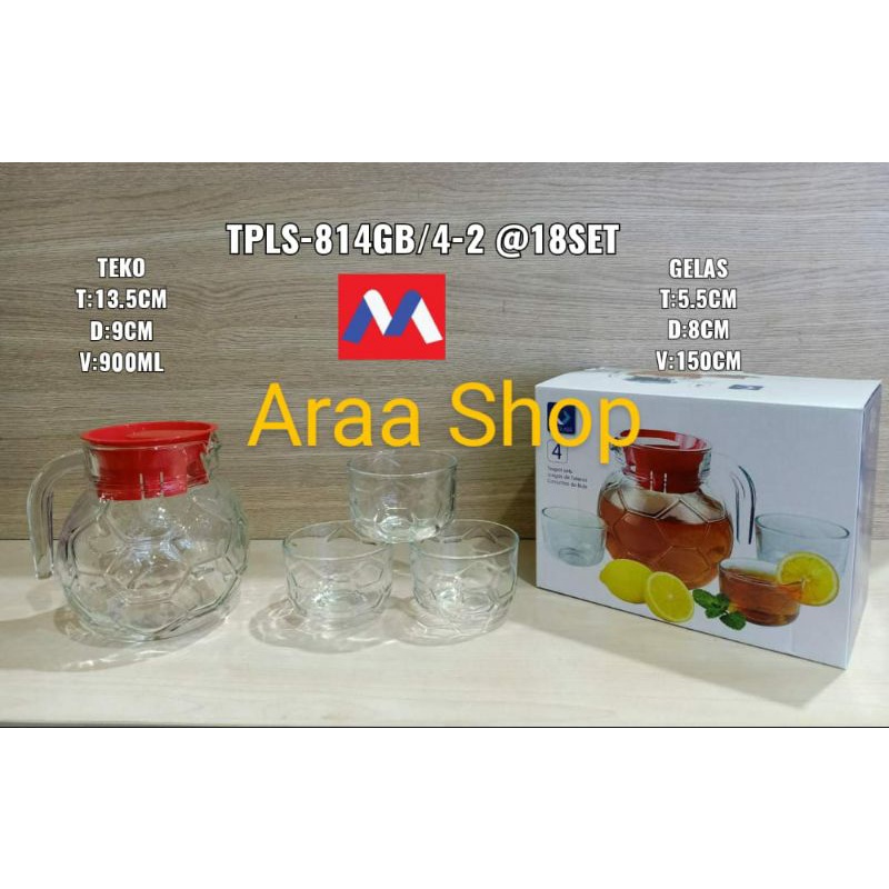 KIMGLASS 4pcs Teko Set Gelas Cangkir RIO 4 Motif Bola KENZO/Tea Pot Set Jug Pitcher+Thambler/Kan Set