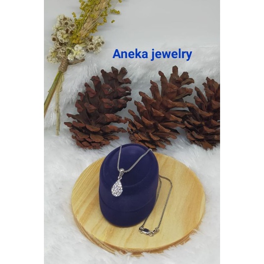 Kalung Itali + Liontin oval mata2, Perak 925, Sepuh Emas Putih