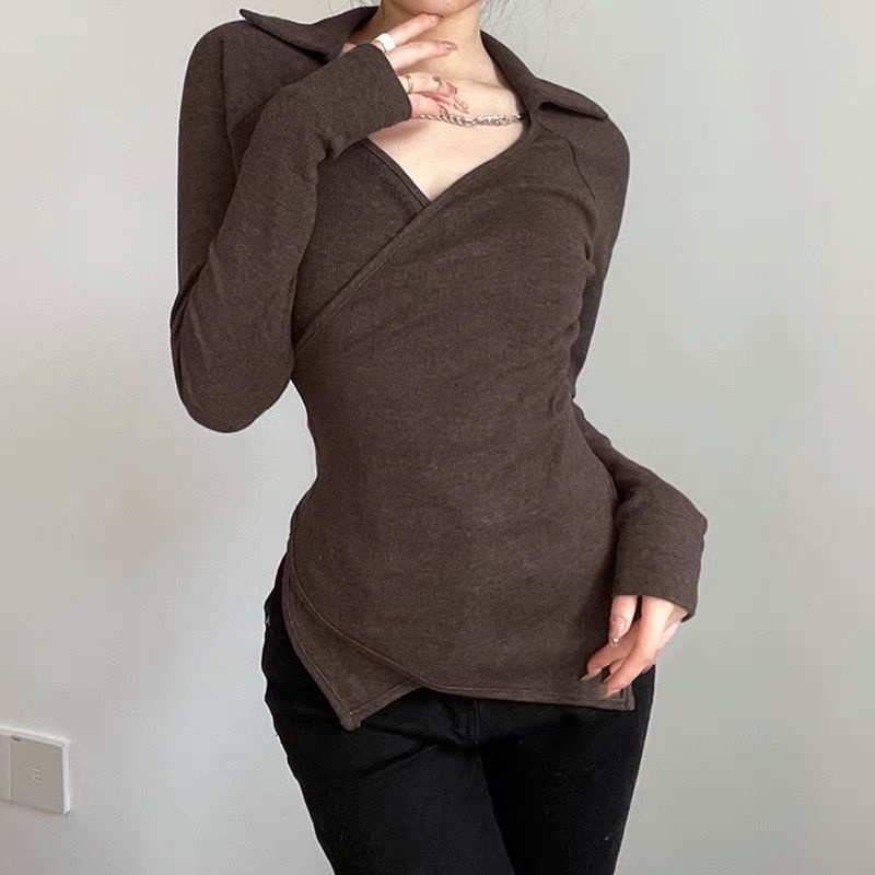 #Sisjuly# Sexy Lapel T-Shirt Cross Chain Kepribadian Wanita