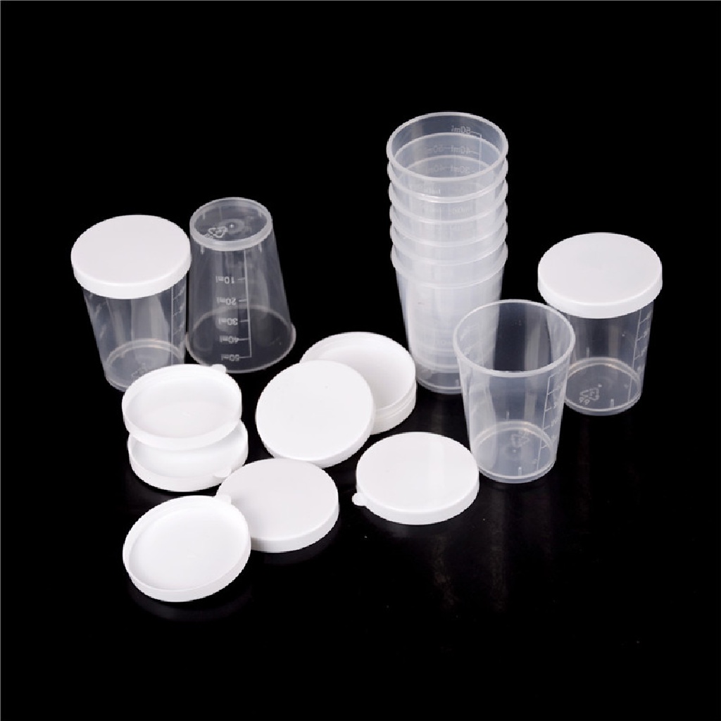 (whitebright3.id) 10pcs Gelas Ukur 50ml Bahan Plastik Dengan Tutup